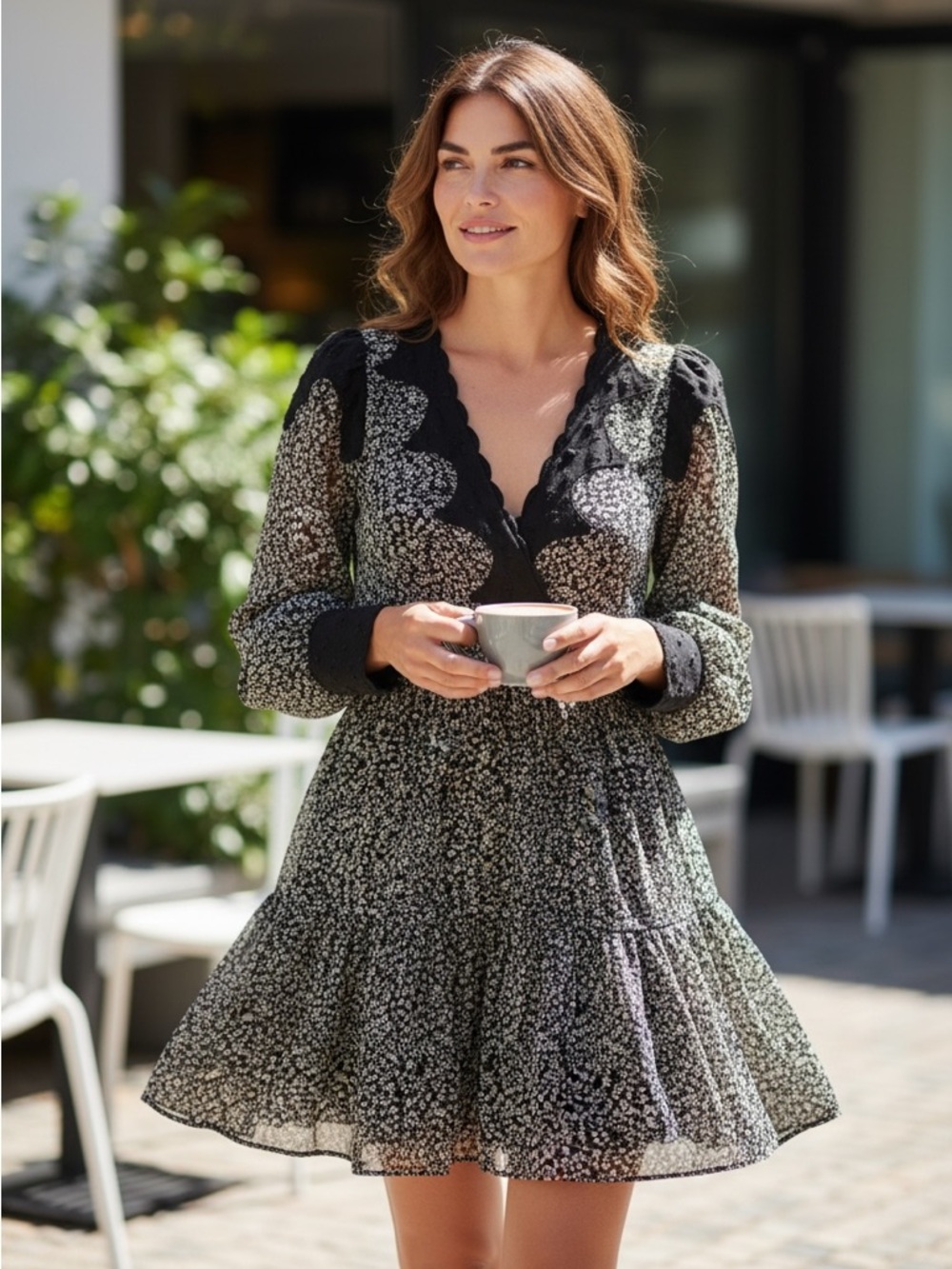 Topshop Black Floral V-Neck Tiered Mini Dress